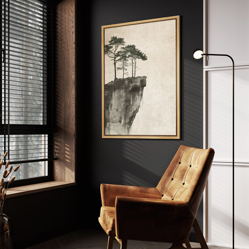 Encre asiatique, art mural sur une falaise, décor oriental minimaliste pour salle d'étude ou de méditation, H 36 po x l 24 po