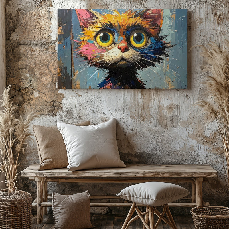 Art mural sur toile Manic Cat, expressionniste, énergie sauvage, art déchaîné, H 18 po x l 24 po