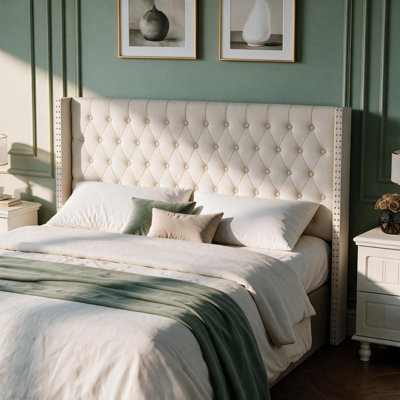 Tufted Wingback Upholstered Headboard with Nailhead Trim
