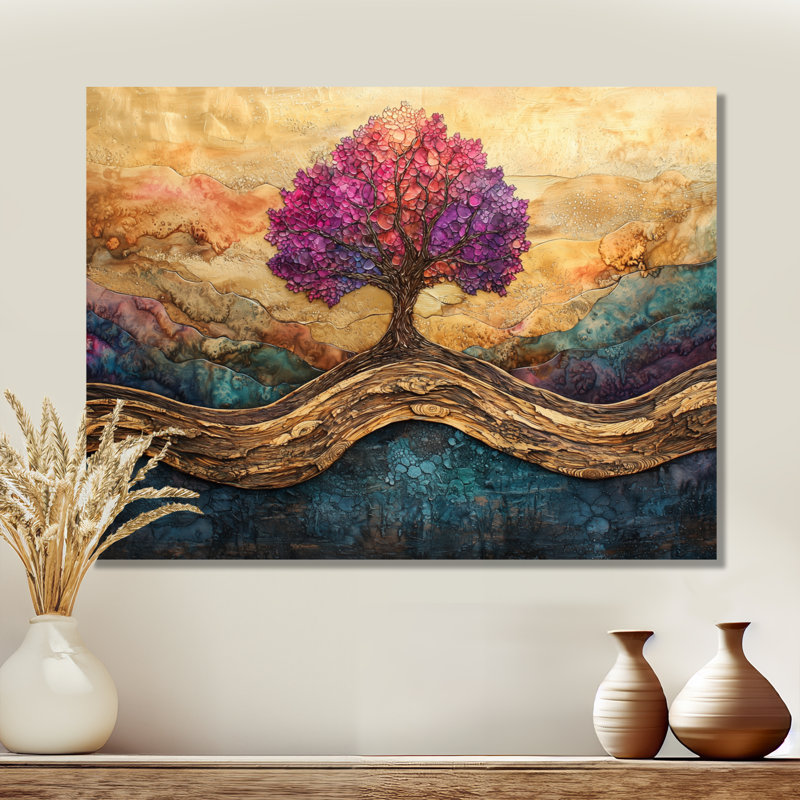 Arbre de vie bourgogne infini sur une rivière en bois - arbre de vie en métal, décoration murale, H 12 po x l 20 po