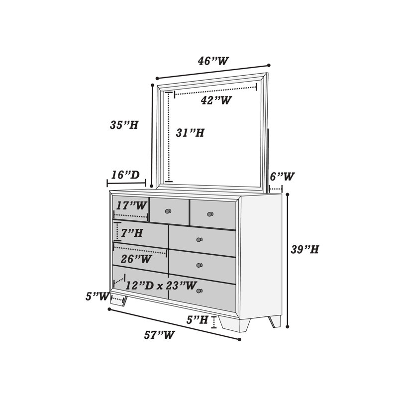 9 Drawer 57" W Double Dresser with Mirror