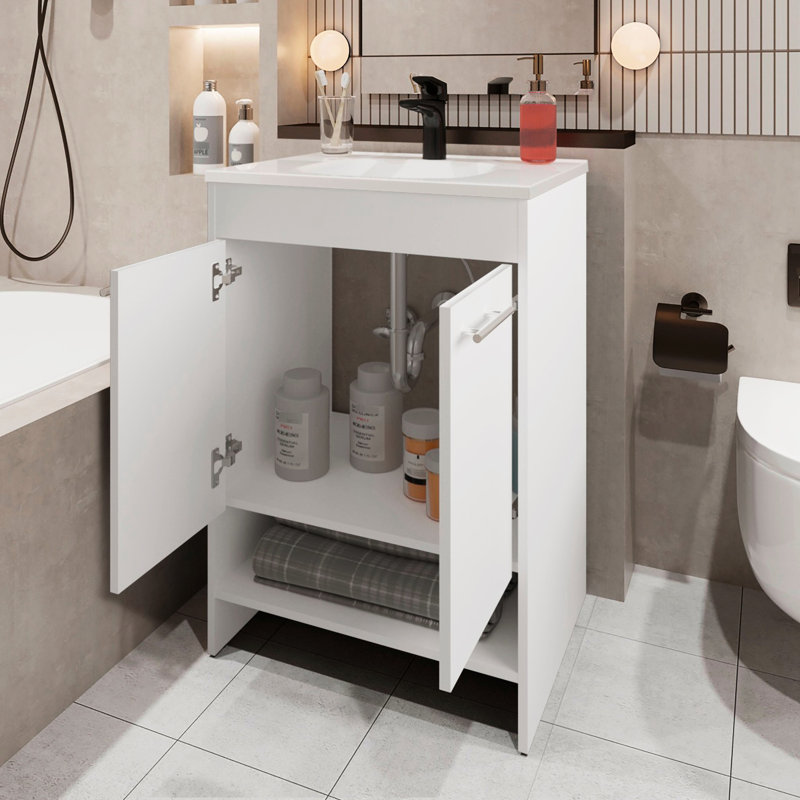 Meuble-lavabo blanc 2 portes pour salle de bain avec espace de rangement ouvert - Complément de panneau de particules 34,6 H x 23,2 l 17,7 po dans des articles de toilette de 34,6 po de hauteur, 23,2 po de largeur et 17,7 po de profondeur