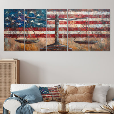 Symbolic Scales Of Justice Balance With USA Flag IV - USA Patriotist Wall Decor - Modern Wall Art 5 Piece