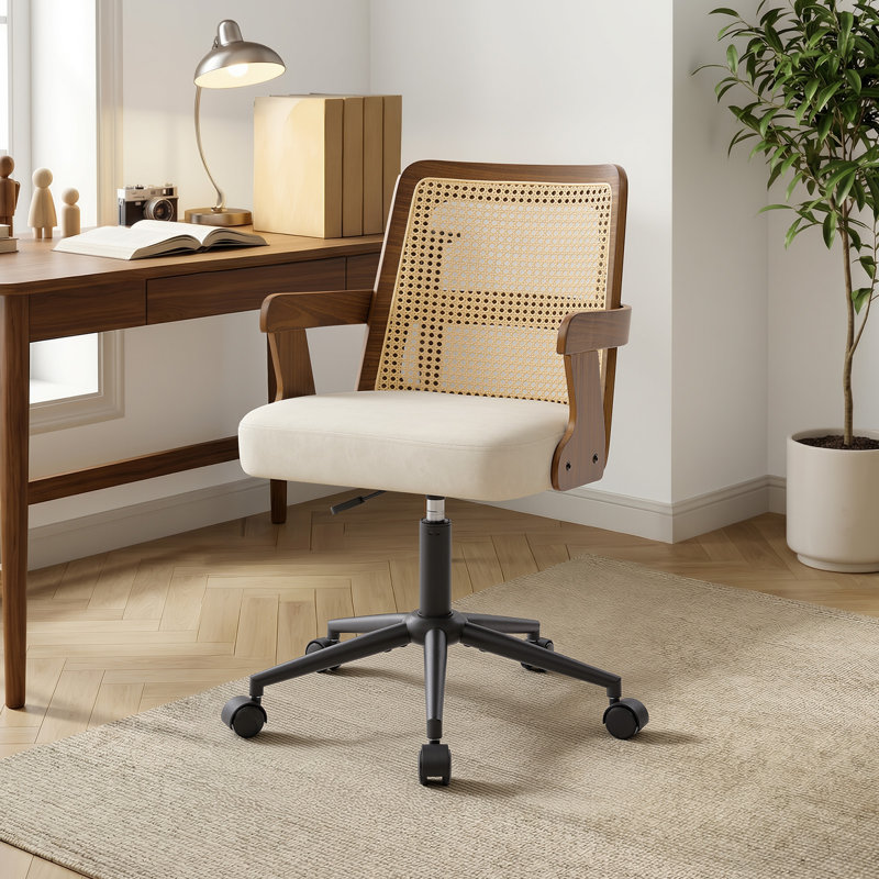 Breathable Cane Back Home Office Chair With Mid-Century Walnut Frame & Adjustable Swivel Base, Cream