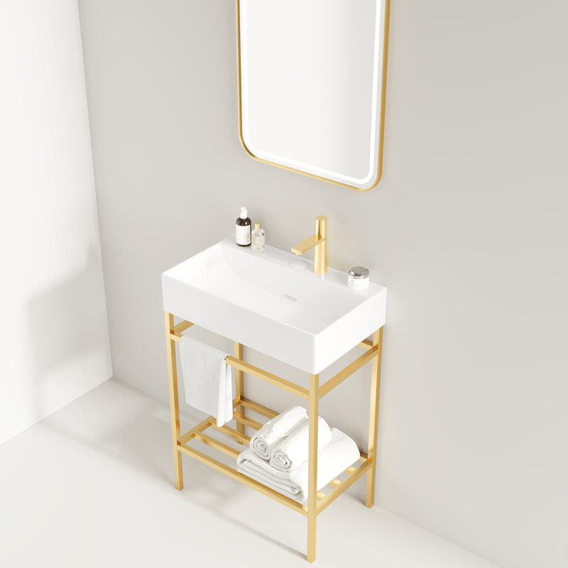 Meuble-lavabo avec lavabo en céramique de 61 cm (24 po) - Blanc brillant rectangulaire, console sur pied, pieds en métal doré, étagères de rangement intégrées, lavabo rectangulaire ouvert