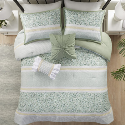 Ensemble de literie 5 pièces pour très grand lit / très grand lit - édredon Seersucker à motif botanique imprimé chic avec 1 édredon, 2 coussins décoratifs, taies décoratives et bourre décorative style floral