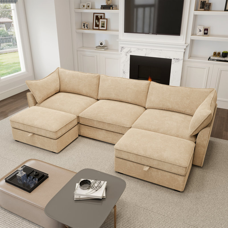 Canapé en U à assise profonde avec repose-pieds, chenille, H 31,4 po x l 112,6 po x P 56,6 po, 3, Gris