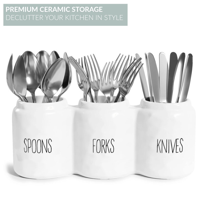 White Ceramic Three-Compartment Utensil Holder