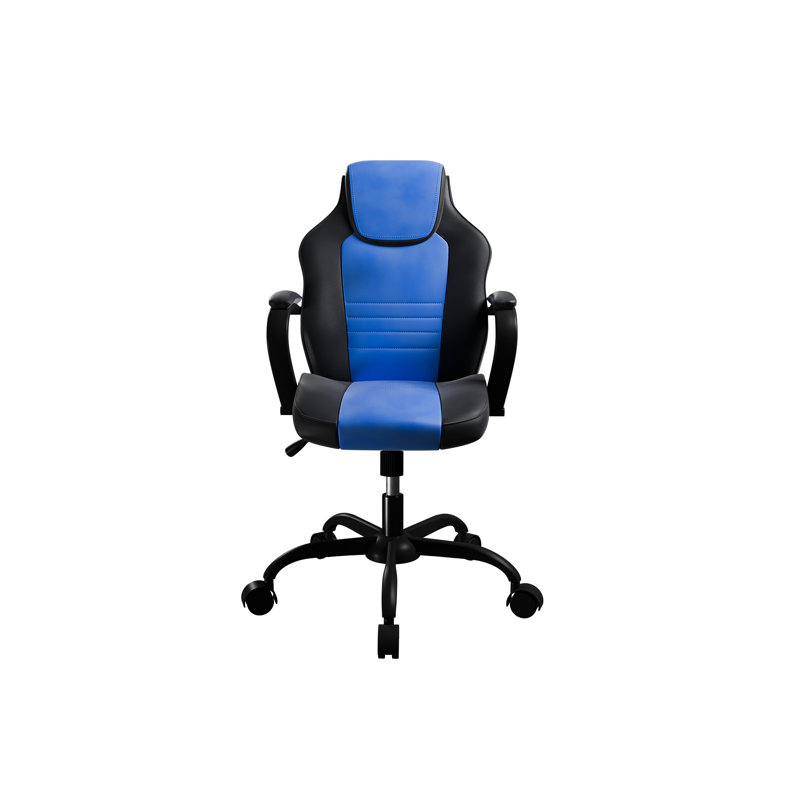 Chaise de bureau de jeu avec siège rembourré confortable, similicuir noir et bleu, cinq roulettes et hauteur réglable pour un travail de couleur moderne,