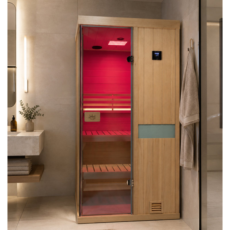 Samsora 1-Person Indoor Steam Saunas 2500W with Red Light Therapy, 95℉-230℉ Temp Range, Hemlock Wood, Built-In Bluetooth Speaker, Includes Sauna Heater and Sauna Stone, Negative Ion Technology