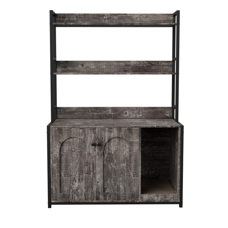 Armoire d'intérieur pour chat avec étagère de rangement, portes doubles et bloc-notes, grande finition de solution de salle de bain cachée grise, bac à litière