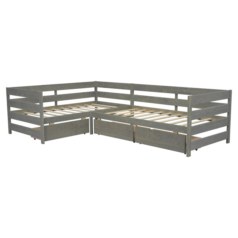 Lit plateforme en L avec tiroirs, Gris