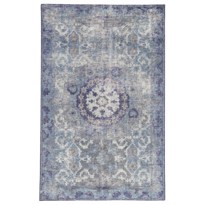 Tapis bleu marine / bleu / gris en laine noué à la main Kamren