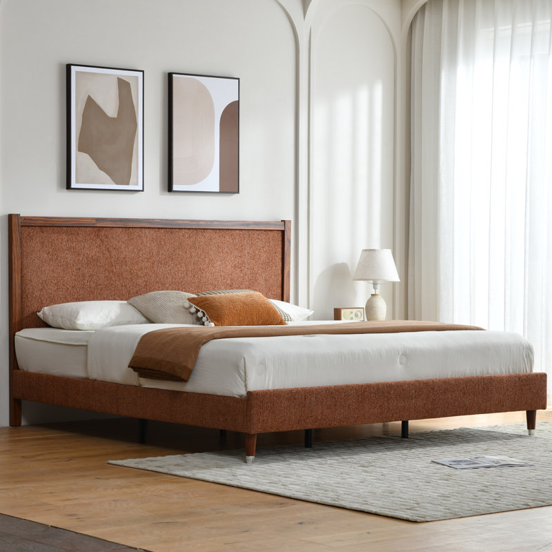 Wooden platform bed with upholstered base, Ocher, King