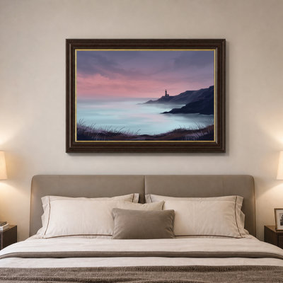 Art sur toile, "Phare sur une falaise avec ciel rose et mauve"