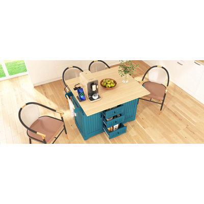 Spacieux chariot à îlot de cuisine sur roulettes avec double abattants pliables et prise de courant intégrée, station de préparation de repas mobile et pliante avec supports à épices et à serviettes et trois tiroirs de rangement pour la cuisine et la salle à manger