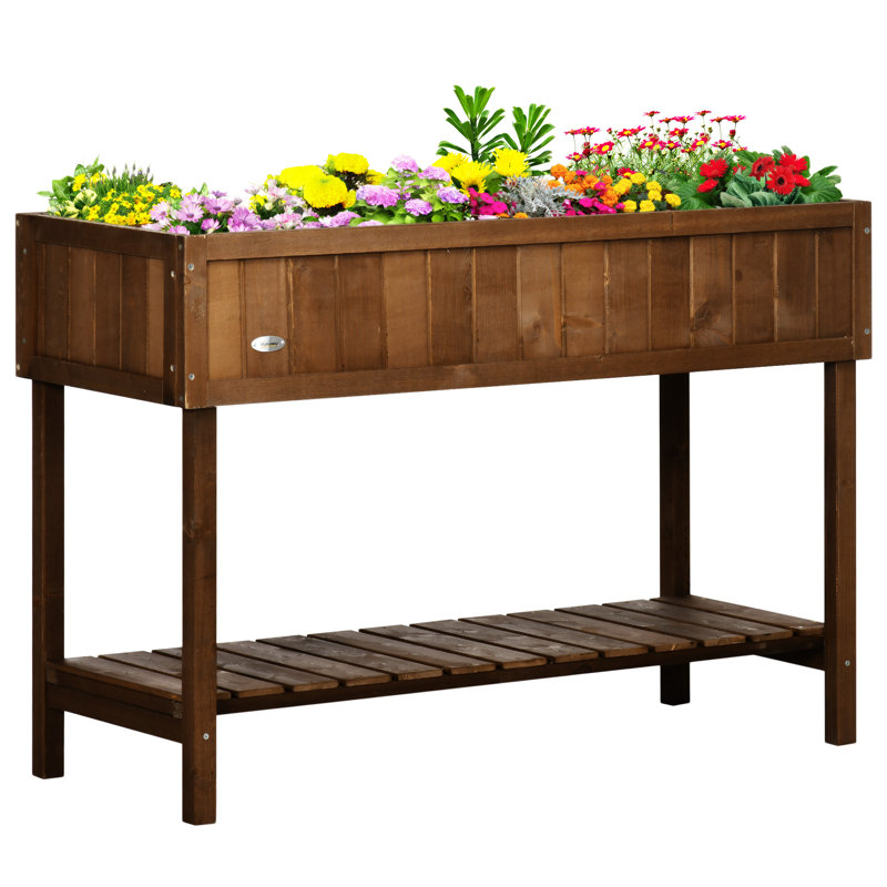 Outsunny 43X18x30in Raised Garden Bed With 8 Pockets And Shelf, Brown