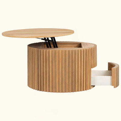 Round Lift Top Coffee Table, Modern Fluted Wood Accent Coffee Table with Hidden Storage for Living Room