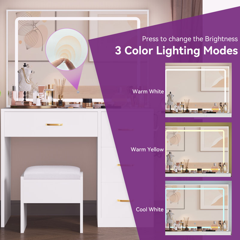 Azusena 35.4'' Vanity Built-In Outlets with Lighted Mirror, White