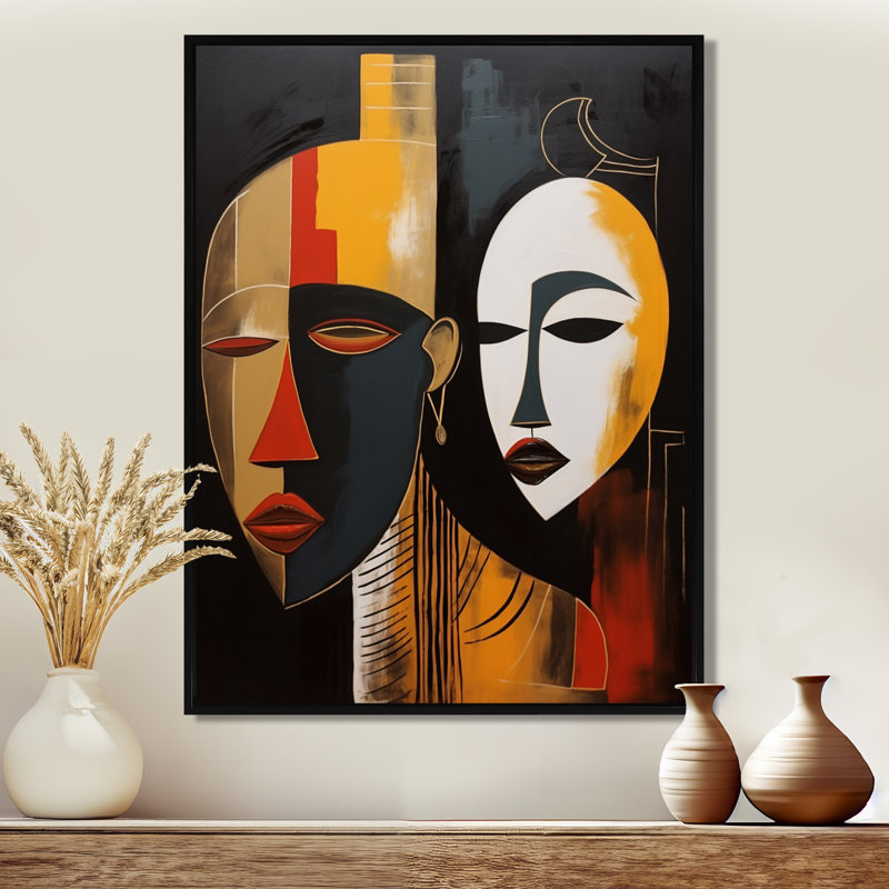 Abstrait double portrait Yin Yang - Masque africain, art mural salon, Cadre flottant noir, H 40 po x l 30 po x P 1,5 po