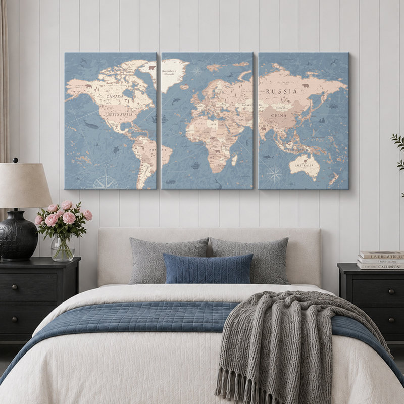 Carte du monde «Blue Global Antique Atlas, H 24 po x l 48 po, Toile tendue, Sans cadre