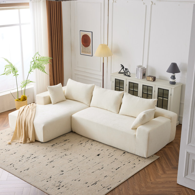 Upholstered Boneless Sofa, Soft Couch, L Shape Sofa For Living Room, White Corduroy