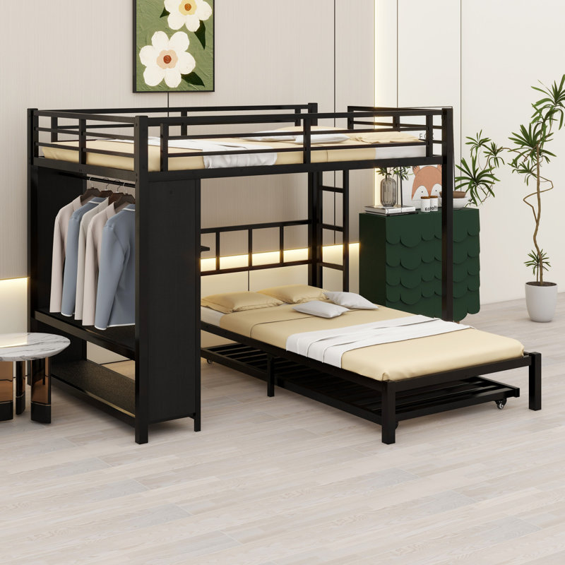 Lit superposé avec garde-robe intégrée, lit gigogne et bureau pliable
