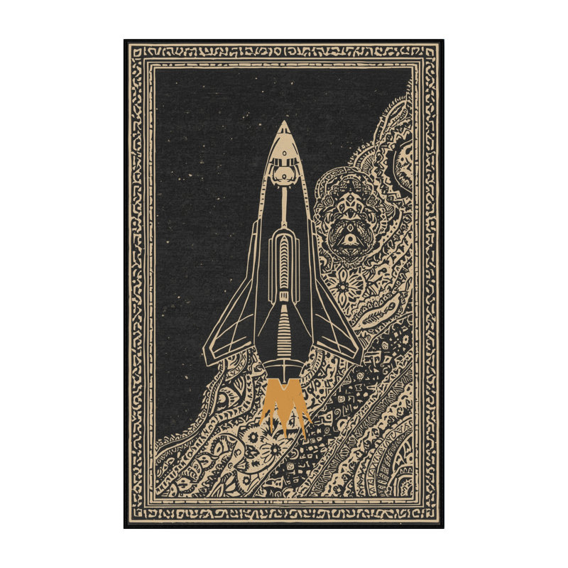 Machine Washable Eldred Spaceship Cruiser Global Inspired Block Print Rug in Black – Black Binding, 3x5