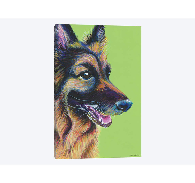 «German Shepherd On Lime» par Kirstin Wood, impression sur toile, H 24 po x l 16 po x P 1 po, Papier avec cadre noir, Blanc