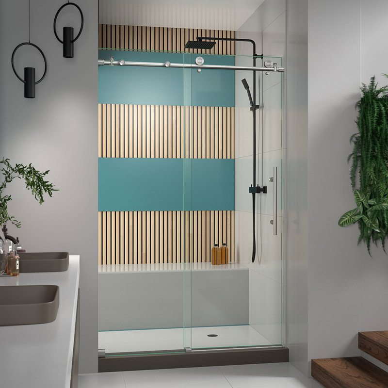 Enigma-X 44" W x 76" H Single Sliding Frameless Shower Door with Clearmax™ Technology, Brushed Stainless Steel