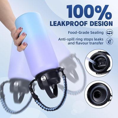 Bouteille isotherme 32 oz en acier inoxydable - Grande bouteille à double paroi avec 2 couvercles étanches et poignée en paracorde, bleu mauve