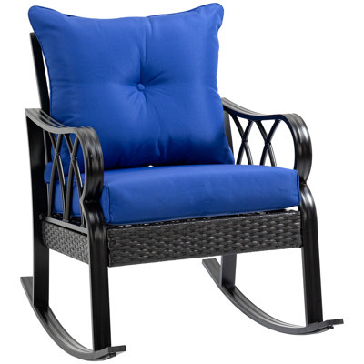 Fauteuil à bascule bleu avec coussin et structure en aluminium pour jardin, terrasse ou véranda. Élégant. Base en métal. Convient à une utilisation à l’extérieur. Largeur : 93 cm (36,5 po).
