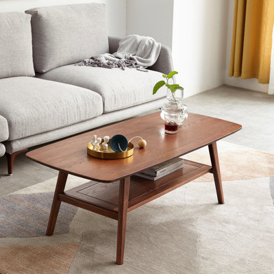 Table basse rectangulaire en bois de chêne - massif avec tablettes, facile à assembler, bureau brun pour le rangement de l'espace de vie