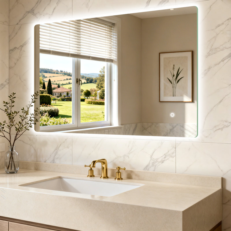 UL Certified Modern Backlit LED Rounded Rectangle Bathroom Mirror,Tempered Glass Anti-Fog 3 Color Dimmable with Memory Function