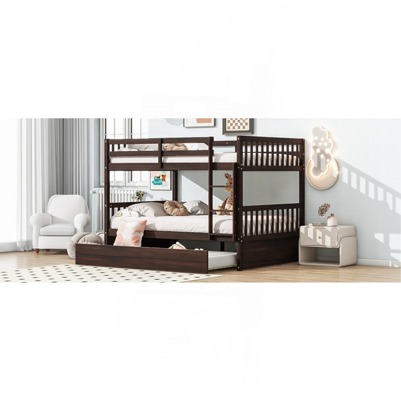 Full Over Full Rubber Wood Bunk Bed With Trundle, Ladder And Guardrails, Convertible To 2 Full Size Beds, With Twin Size Trundle ,Espresso