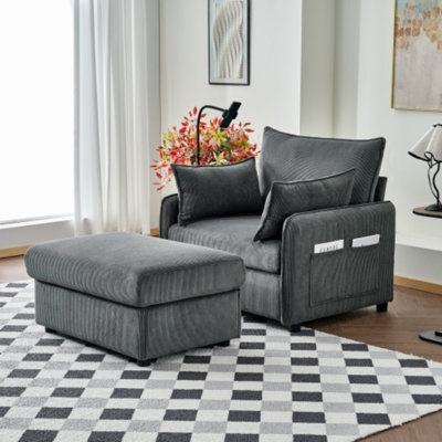Oversized Upholstered Chaise Lounge Chair With Ottoman & Storage – Corduroy Single Sofa With Pillows For Living Room & Bedroom