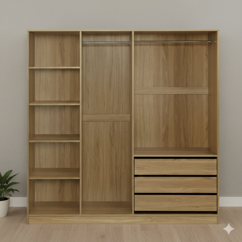 Armoire de rangement ouverte à l'avant en bois pour lits avec tablettes et 3 compartiments de rangement, finition bois naturel