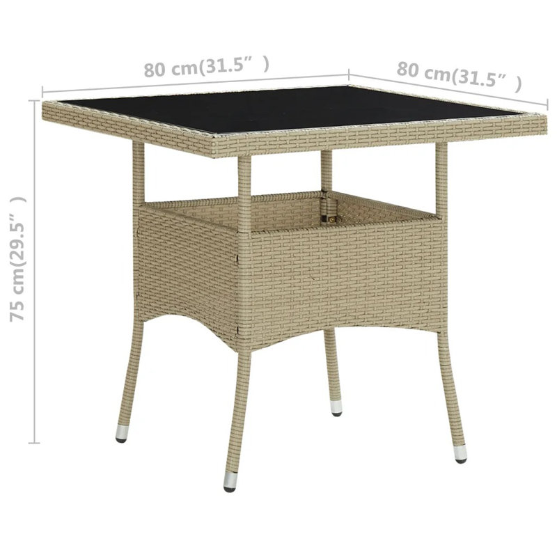 vidaXL Outdoor Dining Table Garden Porch Patio Table with Glass Top PE Rattan, Beige