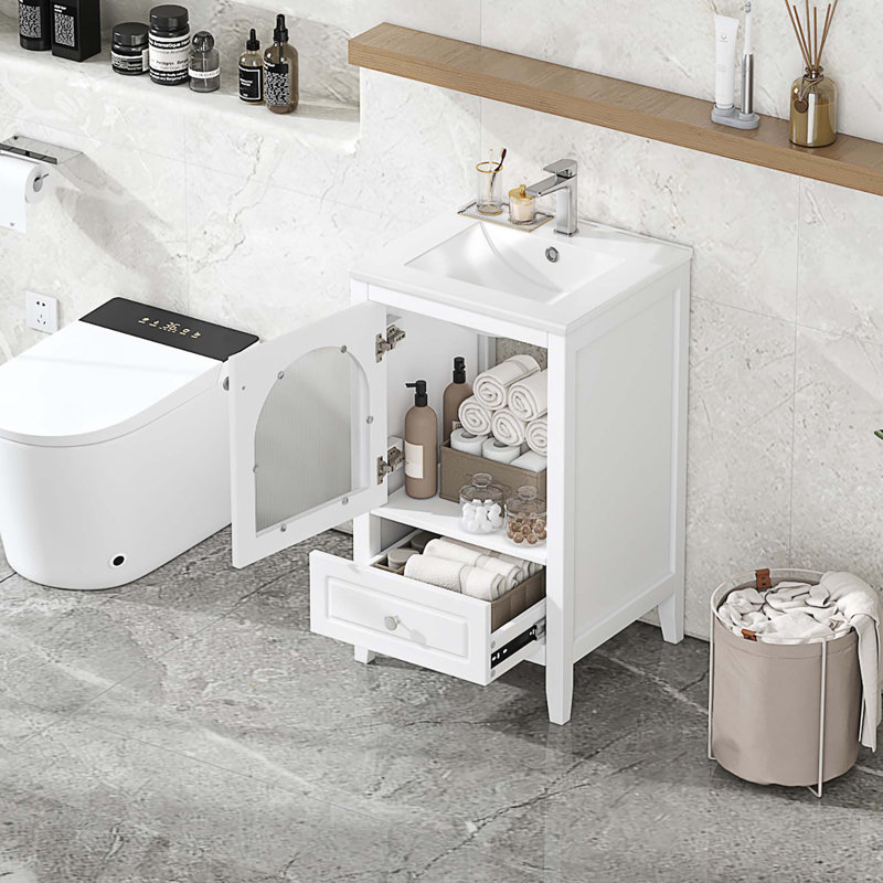Meuble-lavabo de 20 po avec lavabo, armoire de salle de bain avec porte en verre à fermeture douce, tiroir, Blanc