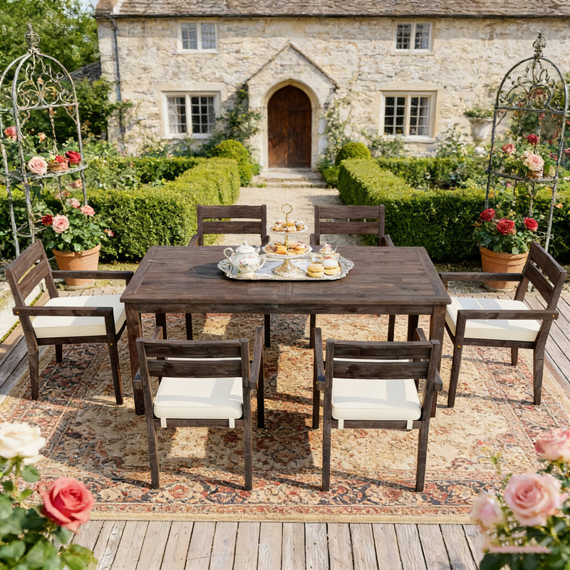 Ensemble de salle à manger 7 pièces en bois d'acacia avec chaises empilables, coussins amovibles et table spacieuse pour une utilisation intérieure et extérieure.