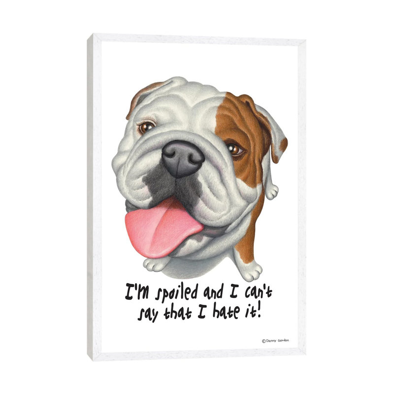 Bulldog With Sign - Print on Canvas, 101.6 cm H x 66.04 cm W, White Floater Framed