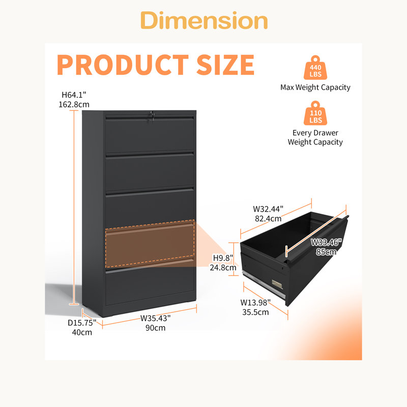 5 Drawer Metal Lateral File Cabinet , Filing Cabinet With Lock, Lockable File Cabinet For Home Office, Locking Metal File Cabinet For Legal/Letter/A4/F4 Size