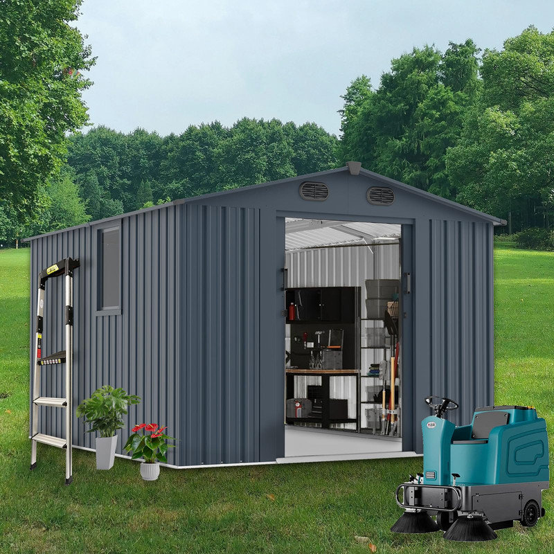 Jaxenor Outdoor Storage Shed 8x10 FT with Window - Metal Sheds & Outdoor Storage for Motorcycle, Bike, Garden Tool, Lawnmower - Backyard Tool Building with 1 Sliding Door and 4 Vents (Without Floor)