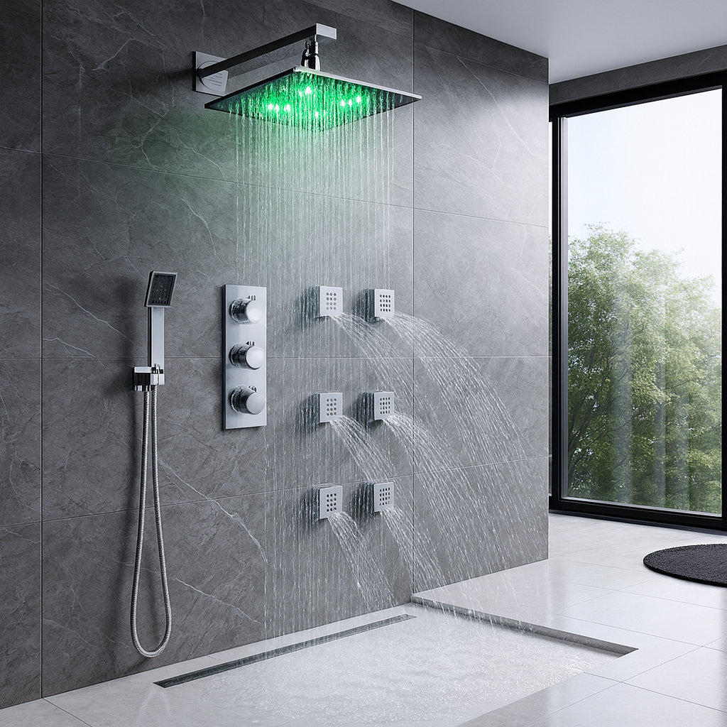 Trialo Solid Brass Color Changing LED Rain Shower System with Body Jets and Handheld FontanaShowers