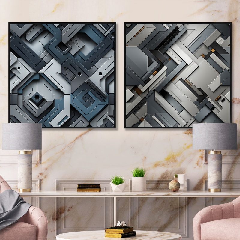 Coudrey - Ensemble de 2 collages carrés à formes abstraites, Cadre flottant noir, H 30 po x l 61 po