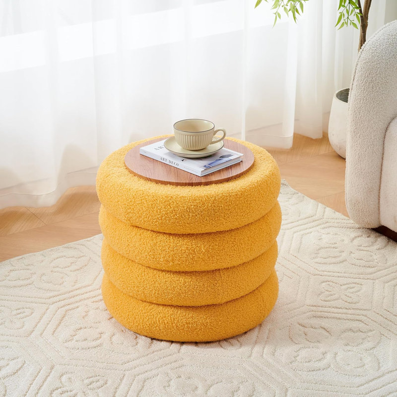 Round Storage Ottoman, Modern Footstool, Vanity Stool with Flip-Top Tray, Yellow