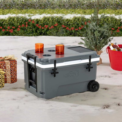 Sunjoy 60-Quart Insulated Portable Rolling Ice Chest Solar Cooler with Wheels for Party, Camping and Outdoor Activities