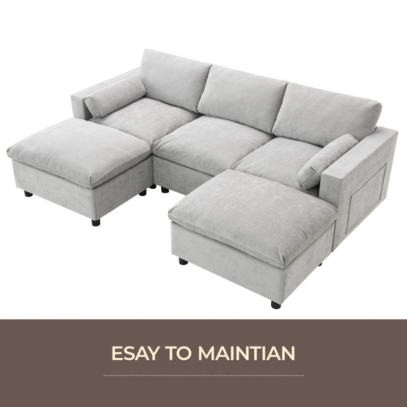 Canapé modulaire 86,5 po en chenille modulaire avec poches de rangement, ensemble de canapé en U à 5 places avec coussins, combinaison libre, canapé nuage moderne avec 2 repose-pieds mobiles pour le salon, appartement