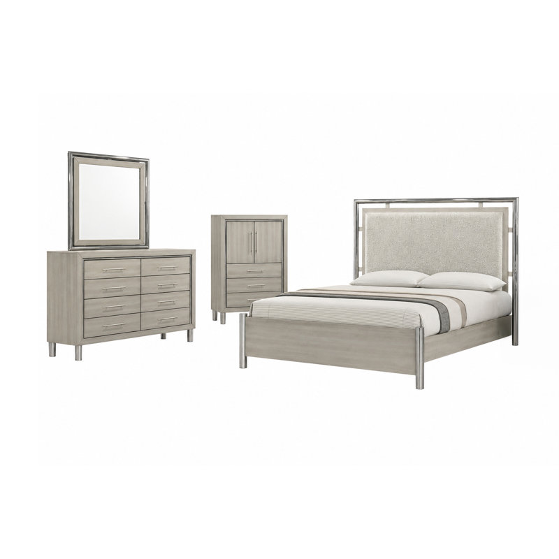 Ensemble de chambre avec très grand lit en bois 4 pièces Carthage, Ensemble de 4 pièces : lit, commode, miroir, comm