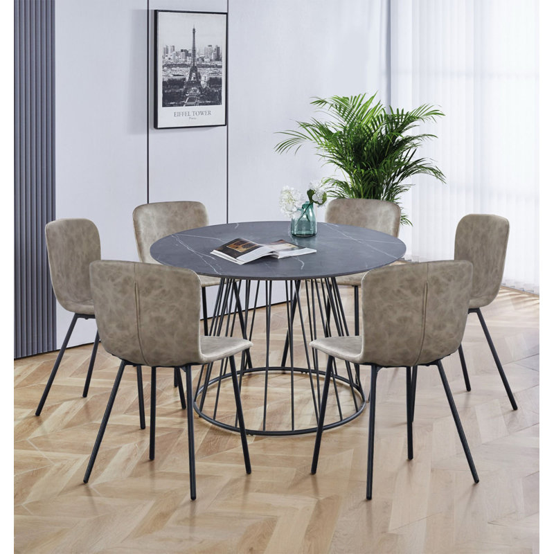 Mose Large Round Table (1.2M) With 6 Light Grey Leather Effect Chairs